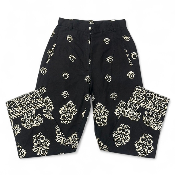 Linen Boho Trousers with Ornate Elephant Pattern Button zipper front Relax Baggy - Picture 7 of 7